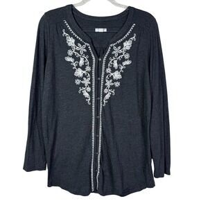 J Jill Sweater Womens Medium Gray Embroidered Cardigan Button Front Top